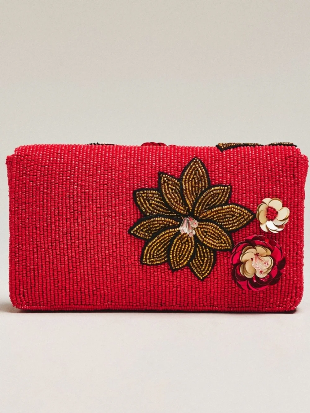 Maeve 3D Red Beaded Floral Clutch with Gold Chain